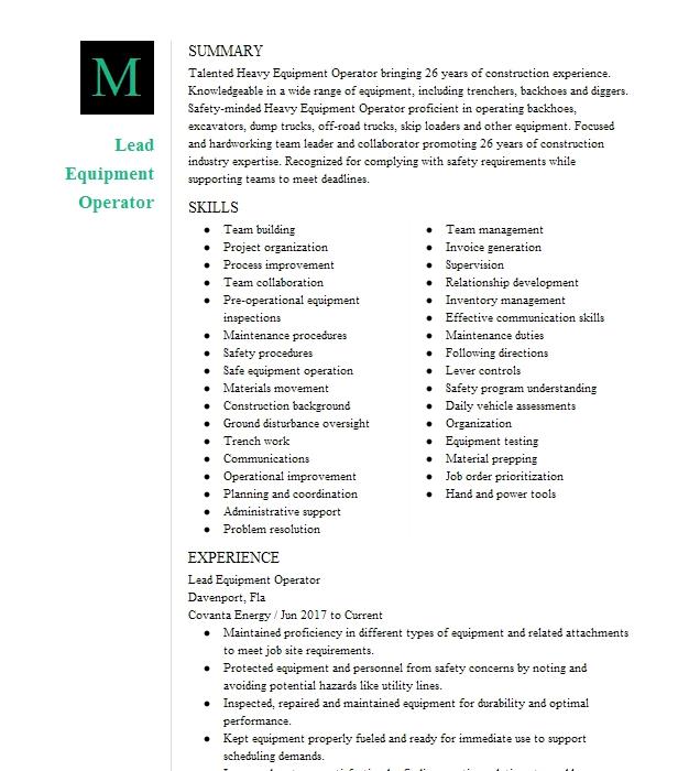 Lead Technician Equipment Operator Resume Example