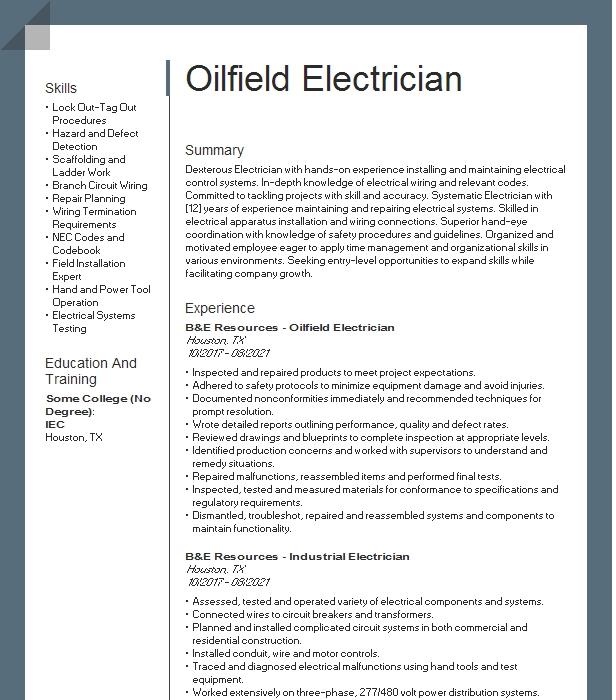 Oilfield Electrician Technician Resume Example