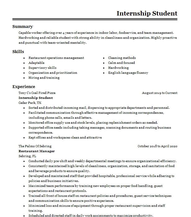 Internship Student Resume Example