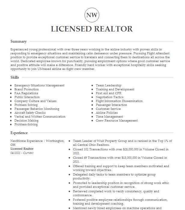 Licensed Realtor Resume Example