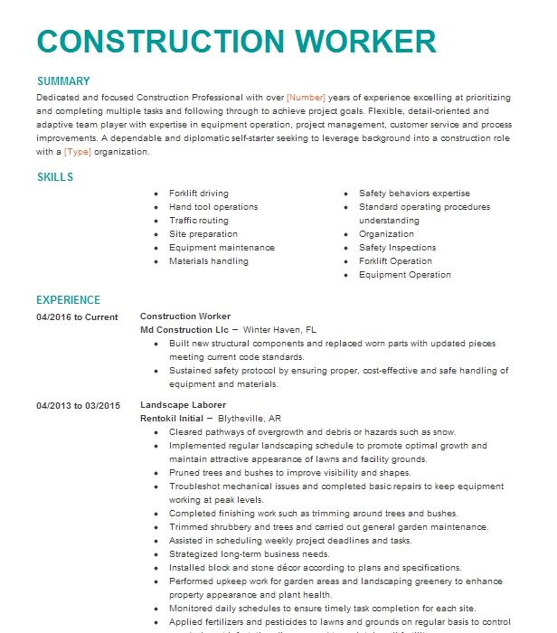 Construction Worker Resume Example