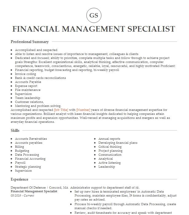 Financial Management Specialist Resume Example