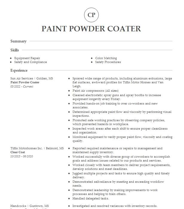 Paint Powder Coater Resume Example