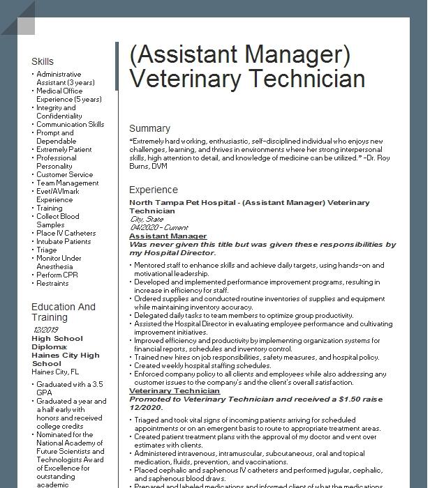 Veterinary Technician Assistant Manager Resume Example