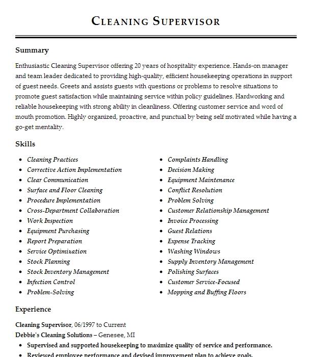 Cleaning Supervisor Resume Example