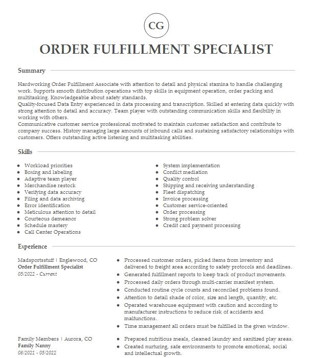 Order Fulfillment Specialist Resume Example