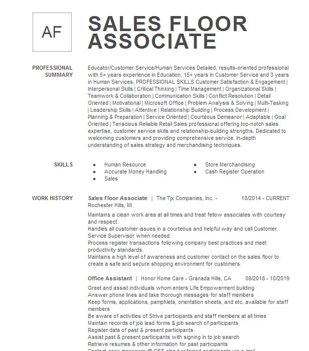 Sales Floor Associate Resume Example