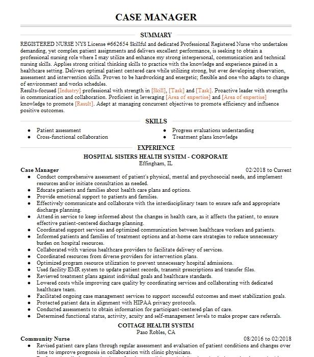 Case Manager Resume Example