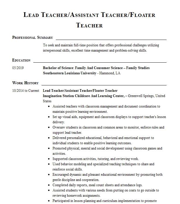 Assistant Teacher Floater Teacher Resume Example 2831