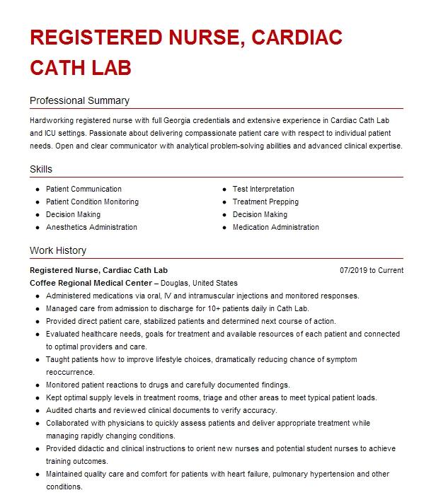 Cath Lab Registered Nurse Resume Example 8817