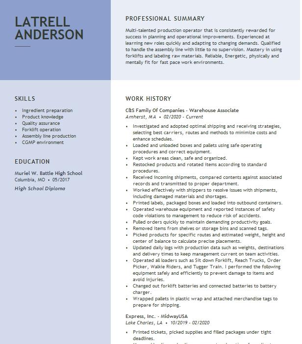 Warehouse Associate Resume Example