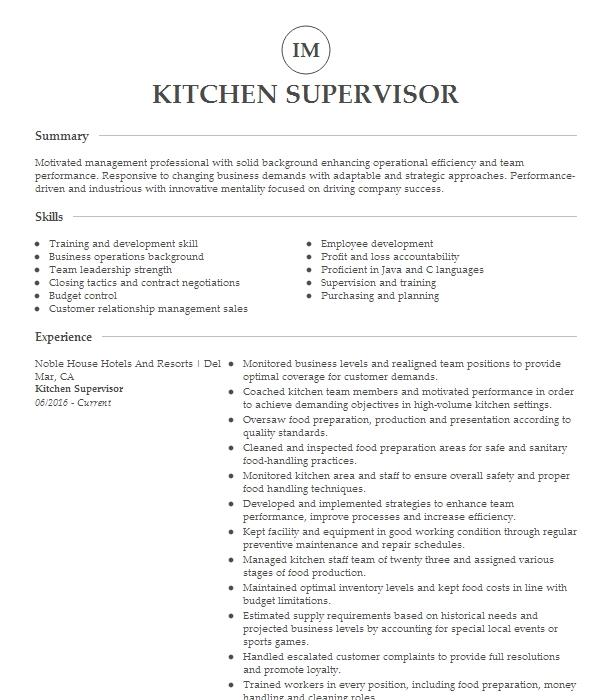 Kitchen Supervisor Resume Example 7284