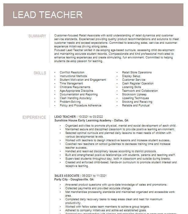 lead-teacher-resume-example