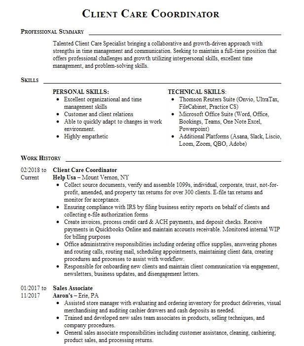 Virtual Client Care Coordinator Resume Example