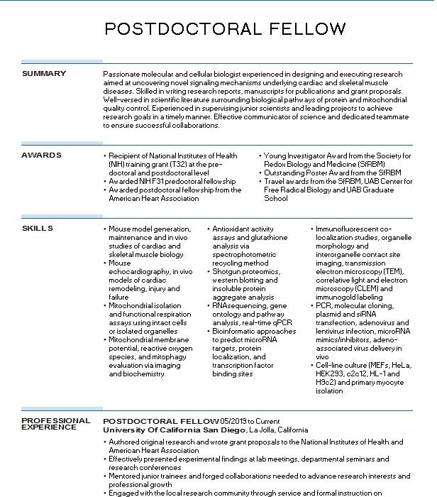 Postdoctoral Fellow Resume Example