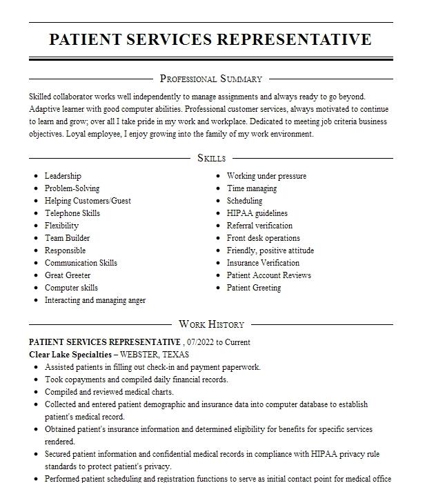 Patient Services Representative Resume Example