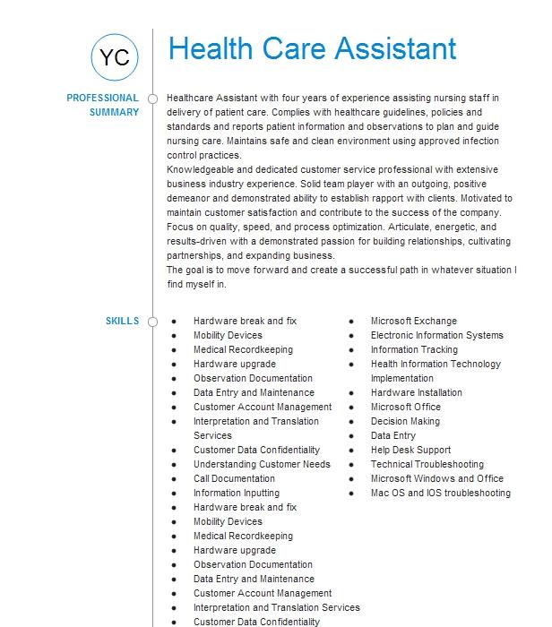 Health Care Assistant Resume Example