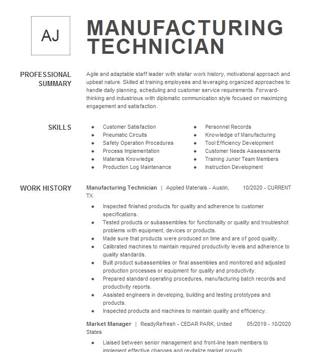 Manufacturing Technician Resume Objective | LiveCareer