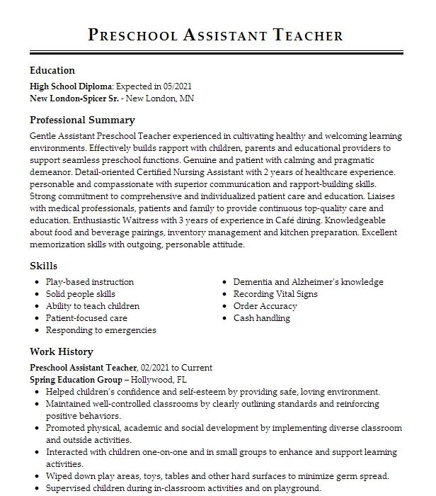 Preschool Assistant Teacher Resume Example