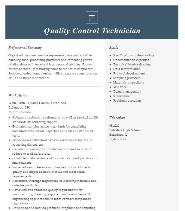 Quality Control Technician Resume Example