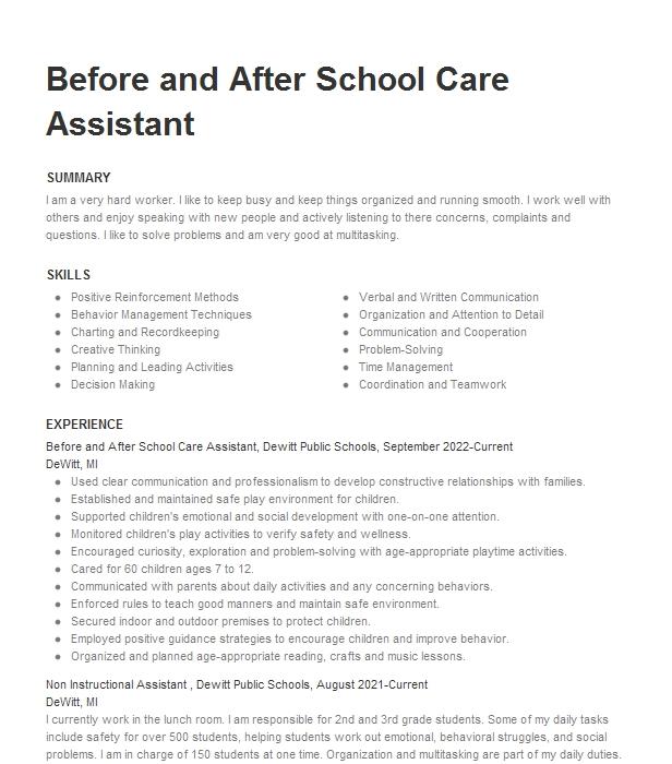 after-school-care-assistant-resume-example