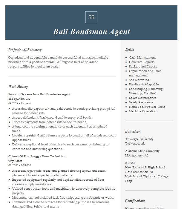 Bail Bondsman Agent Resume Example