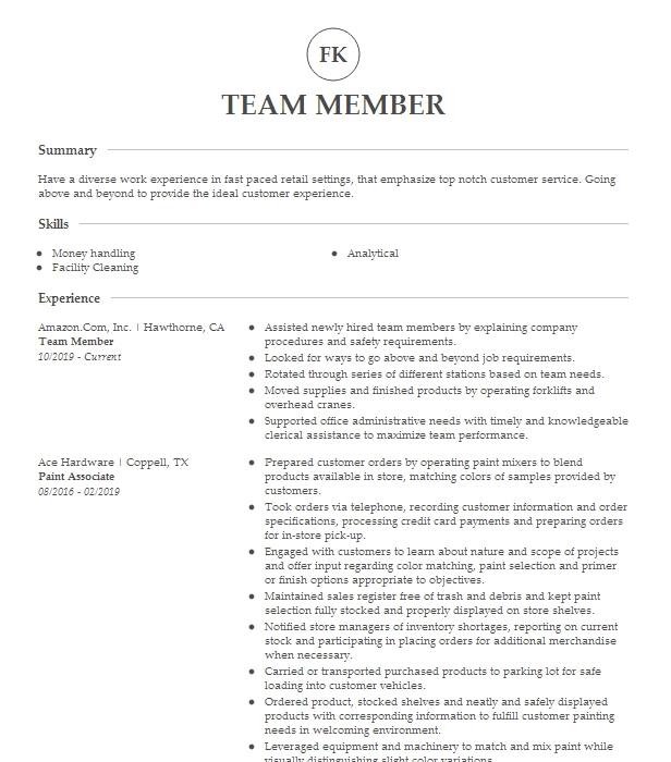 Team Member Resume Example