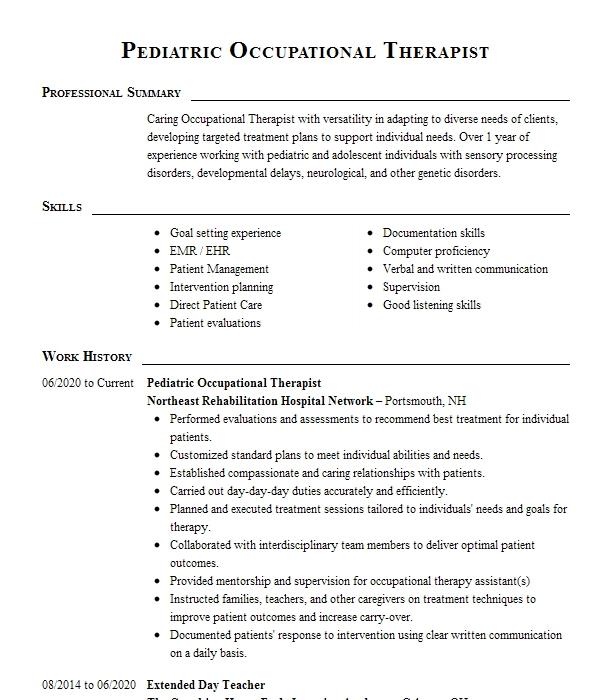 Pediatric Occupational Therapist Resume Objective