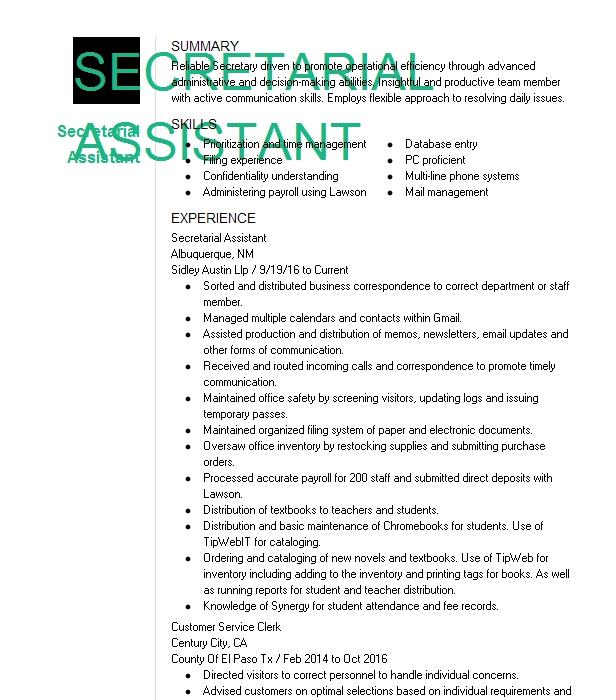 Sr Secretarial Assistant Resume Example