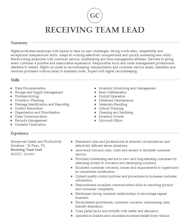 Receiving Team Lead Resume Example