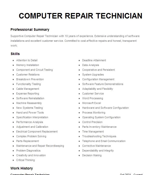 Computer Repair Technician Resume Example