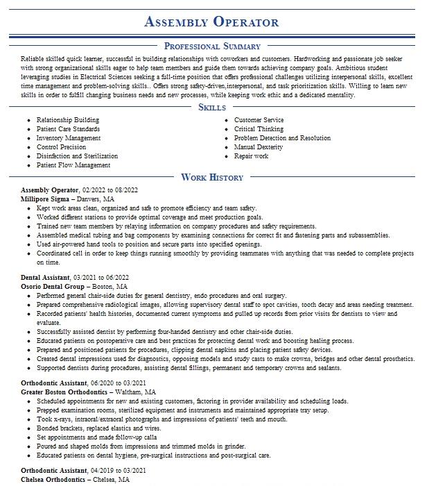 Assembly Operator Resume Example