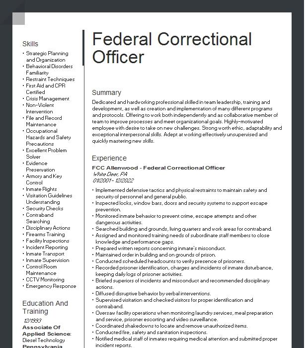 Federal Correctional Officer Resume Example