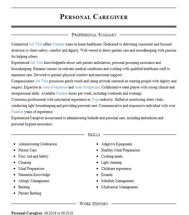 Personal Caregiver Resume Example