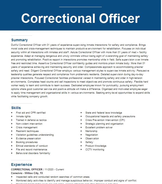 Correctional Officer Resume Example