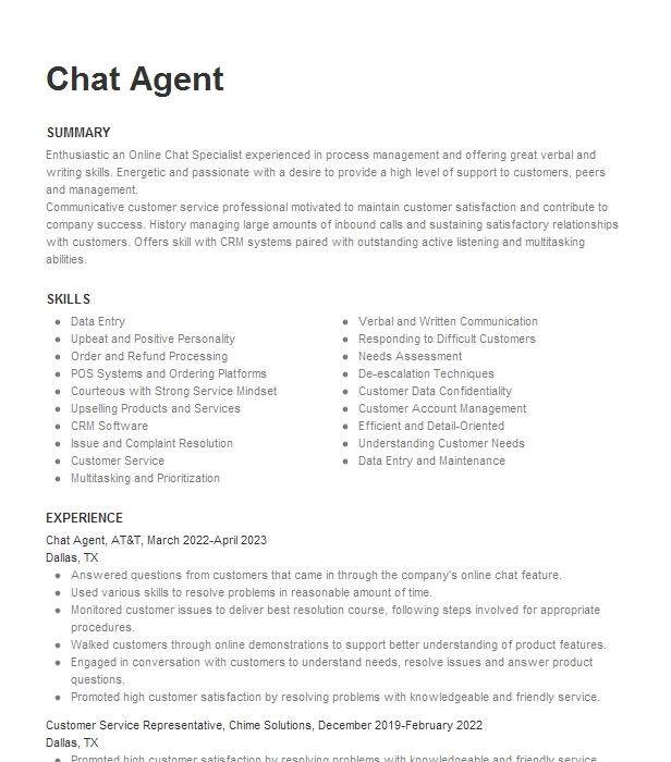 Chat Agent Resume Example