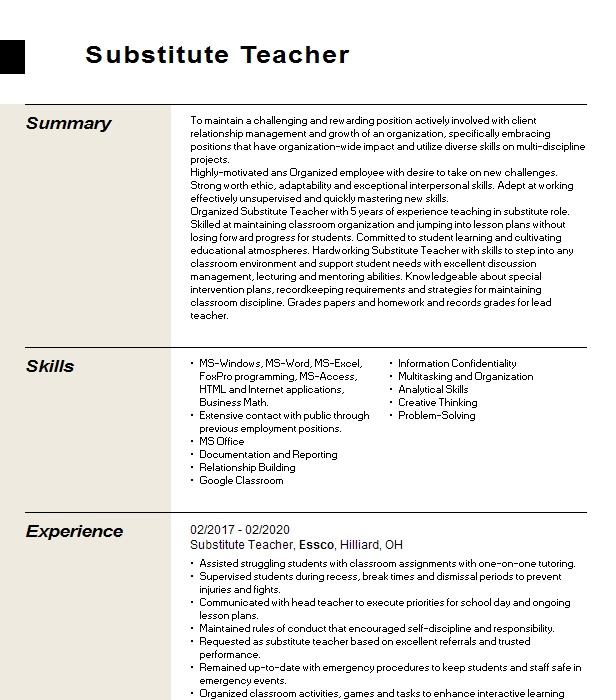 Substitute Teacher Objectives | Resume Objective | LiveCareer