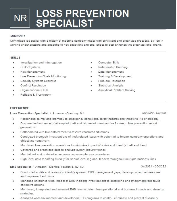 Loss Prevention Specialist Resume Example