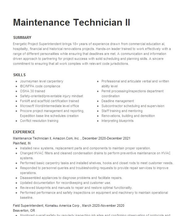 Maintenance Technician Ii Resume Example