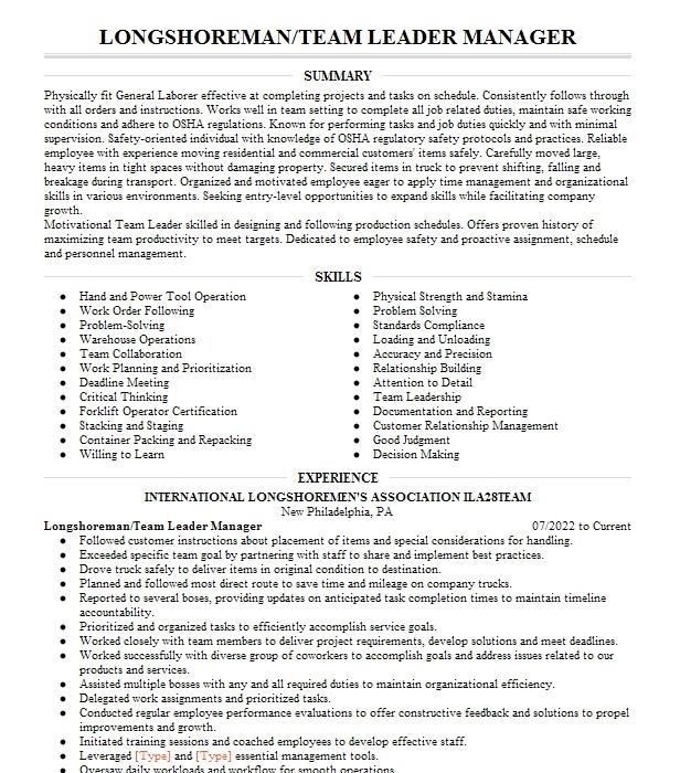 Longshoreman Office Clerk Resume Example