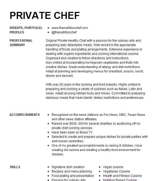 Private Chef Resume Example