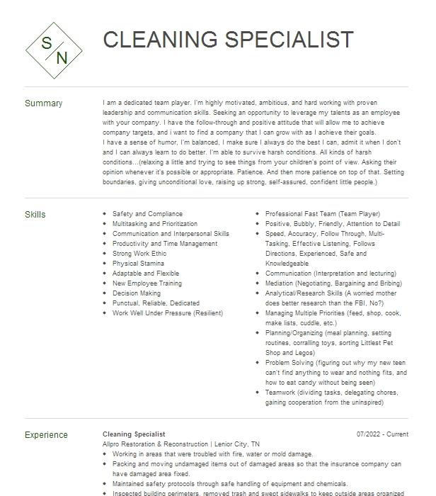 Cleaning Specialist Resume Example