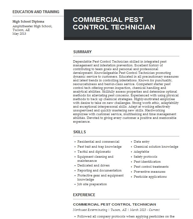 Commercial Pest Control Technician Resume Example