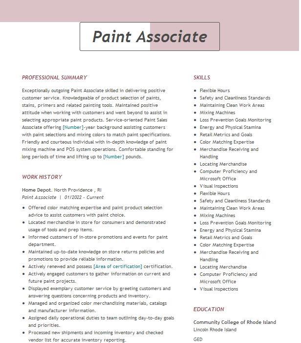 Paint Associate Resume Example