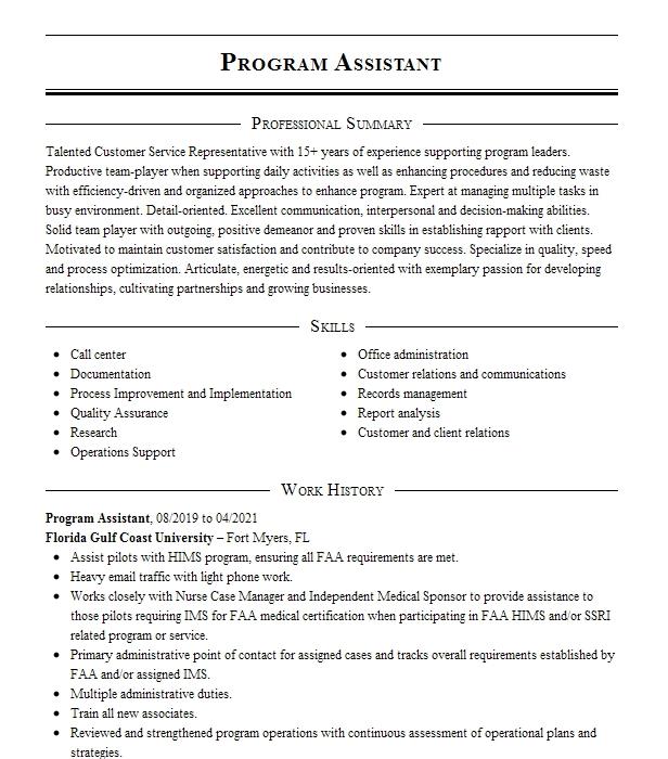 Program Assistant Resume Example