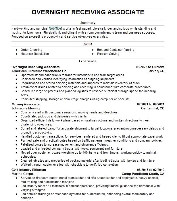 Overnight Stocker Receiving Associate Resume Example