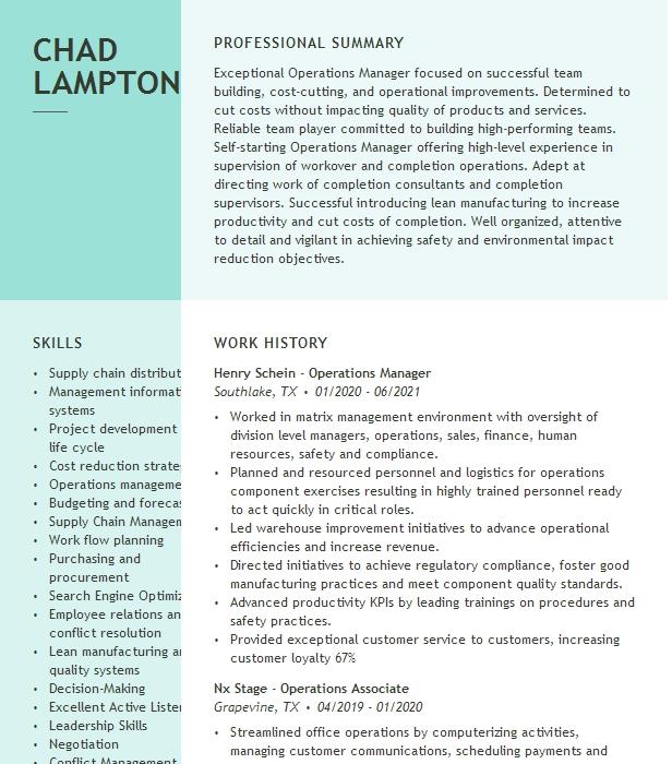 F B Operations Manager Resume Example