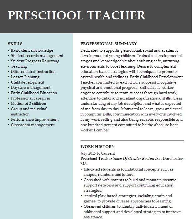 Preschool Teacher Resume Example