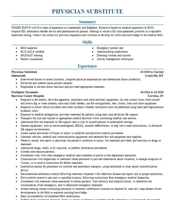 Physician Substitute Resume Example