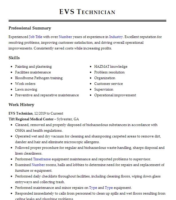 Evs Technician Resume Example